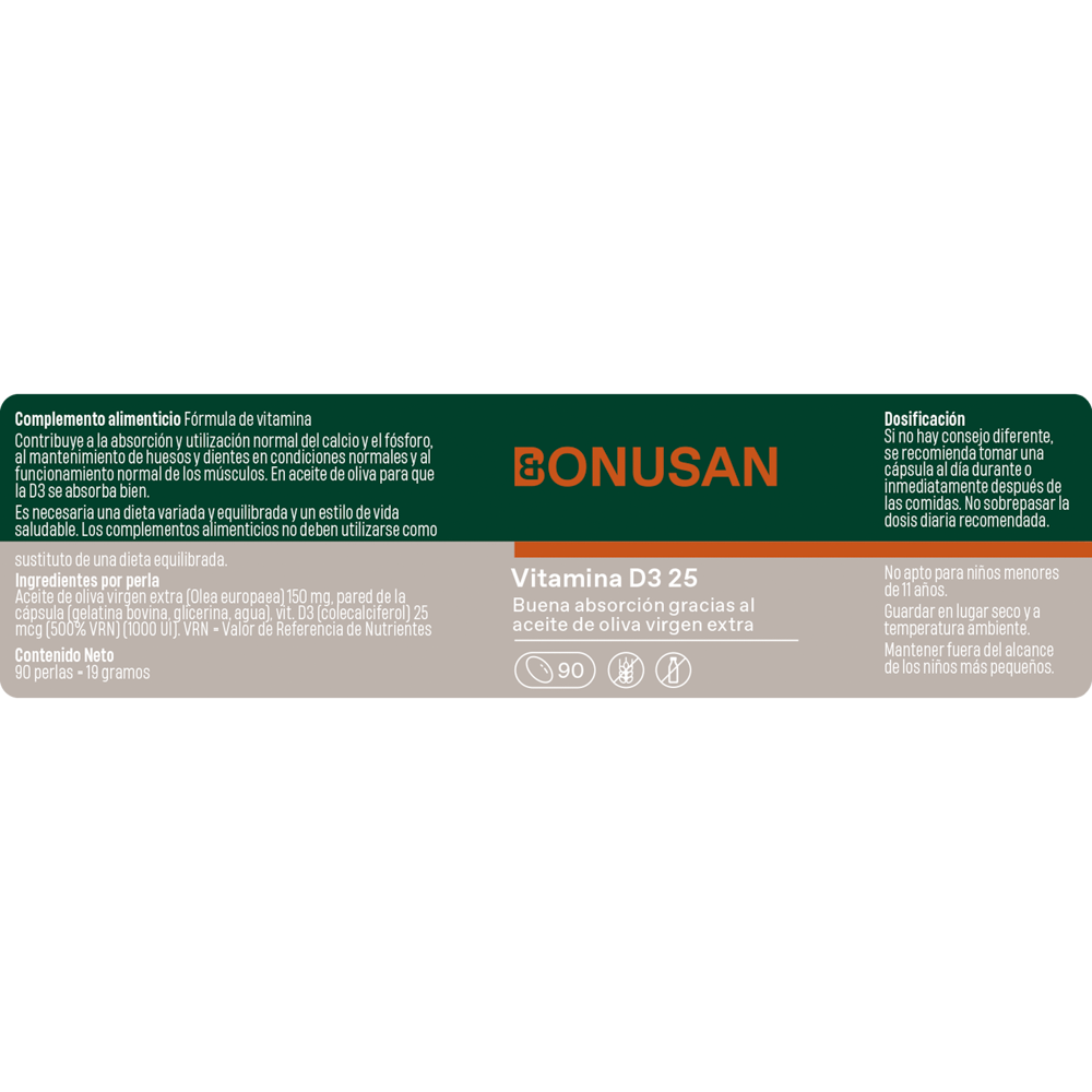 Vitamina D3 25 Mcg / 1000 Ui - 90 cápsulas de gel Bonusan