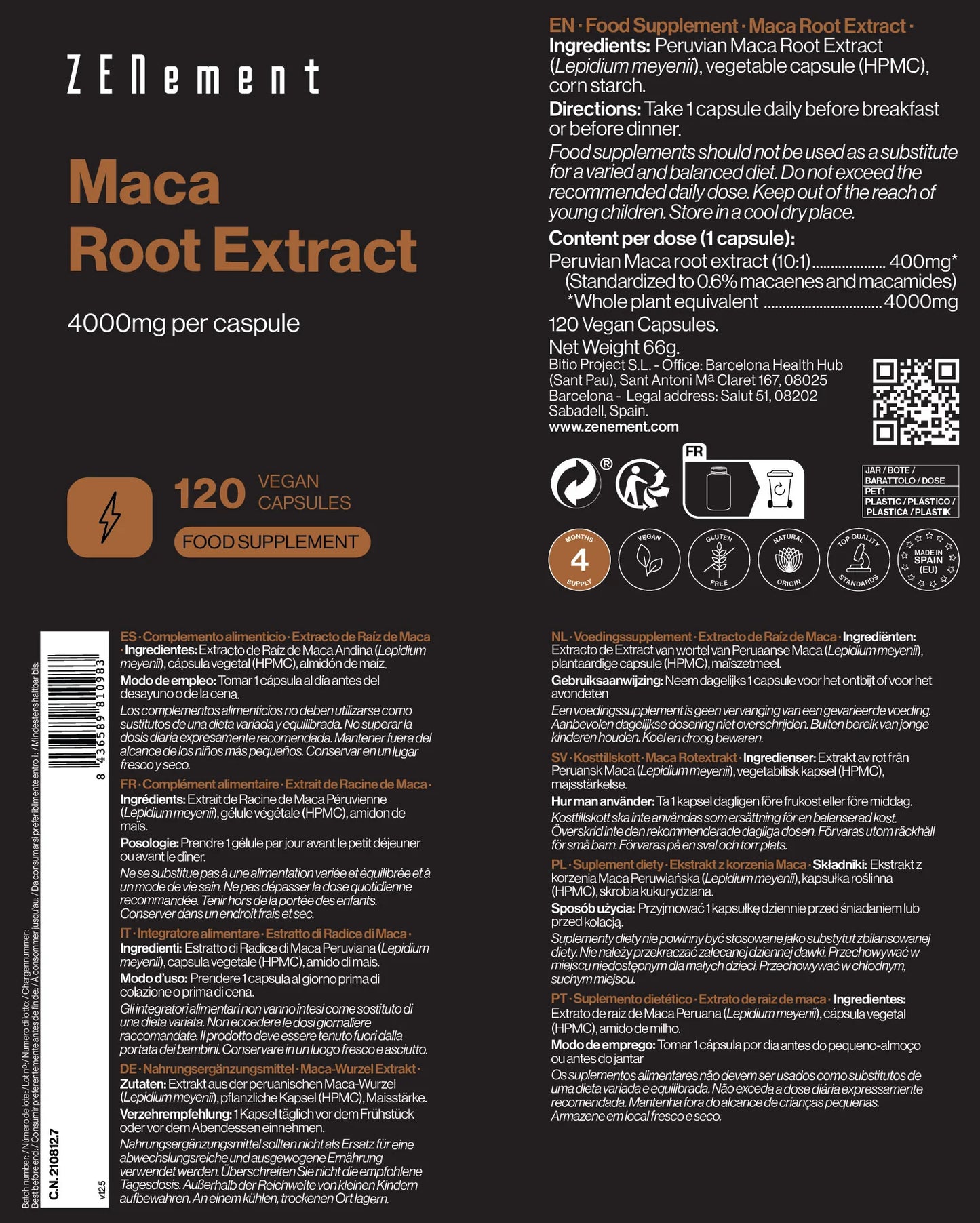 Extracto de Raíz de Maca 4000 mg por cápsula - 120 Cápsulas Veganas