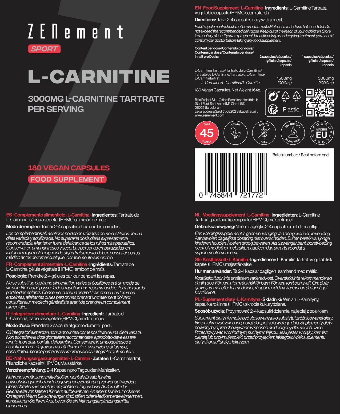 L-Carnitina 3000 - 180 Cápsulas