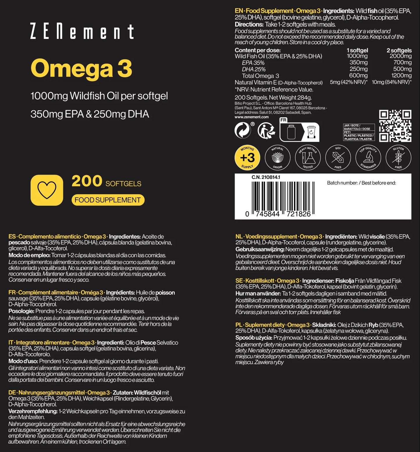 Omega-3 1000 mg Aceite de Pescado Salvaje - 200 Cápsulas blandas