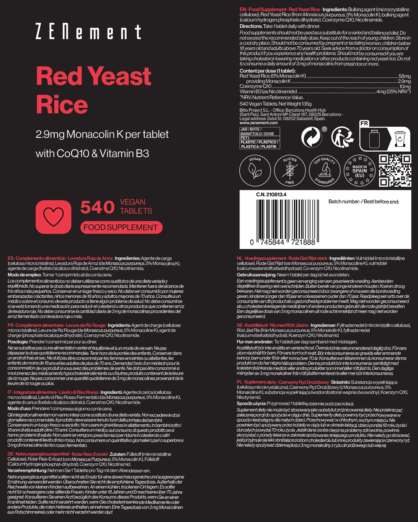 Levadura Roja de Arroz con 2,9 mg de Monacolina K, 10 mg de CoQ10 + 4 mg de Vitamina B3 - 540 Comprimidos