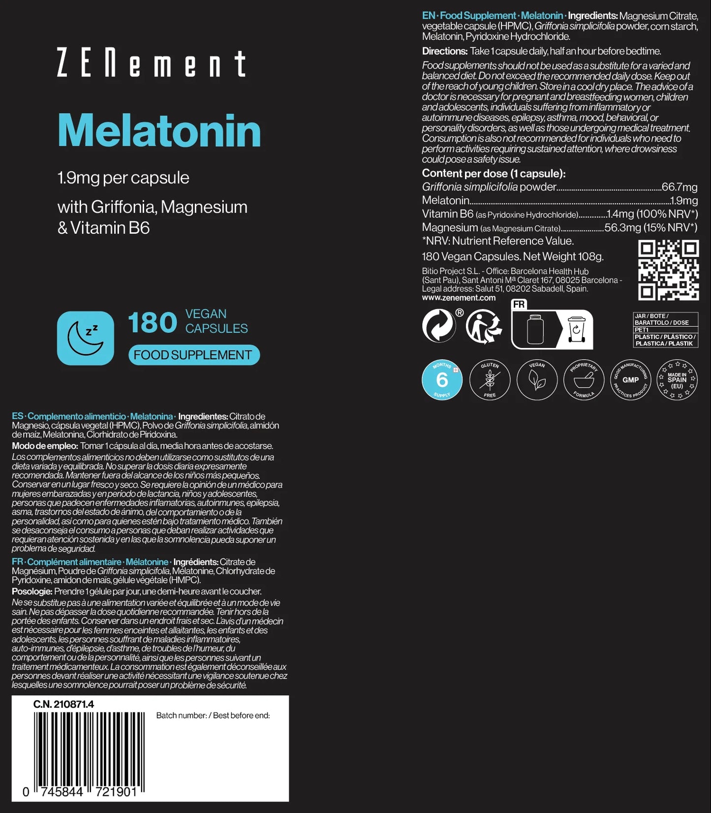Melatonina 1,9 mg por cápsula - 180 Cápsulas