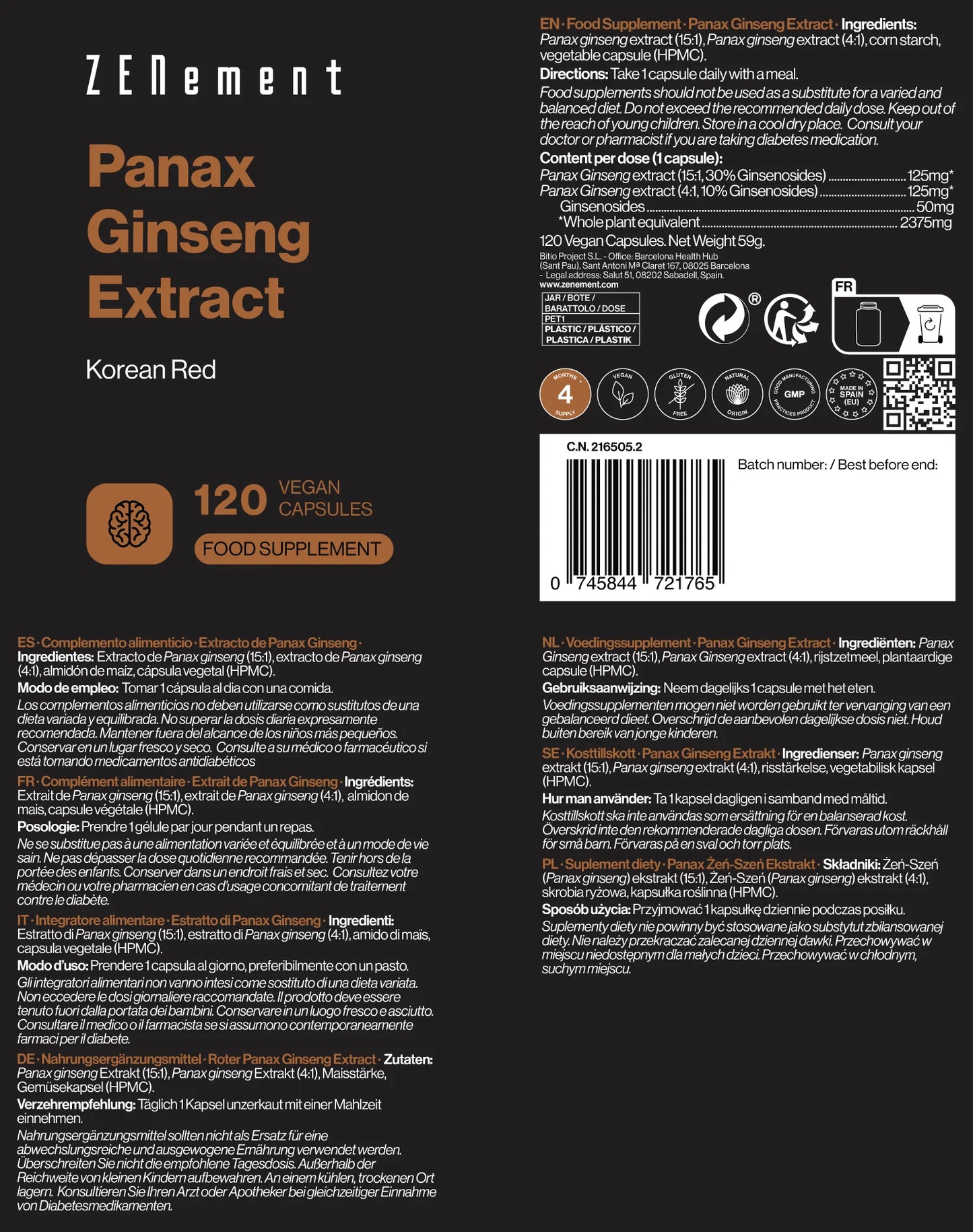 Extracto de Panax Ginseng Altamente Concentrado - 120 Cápsulas