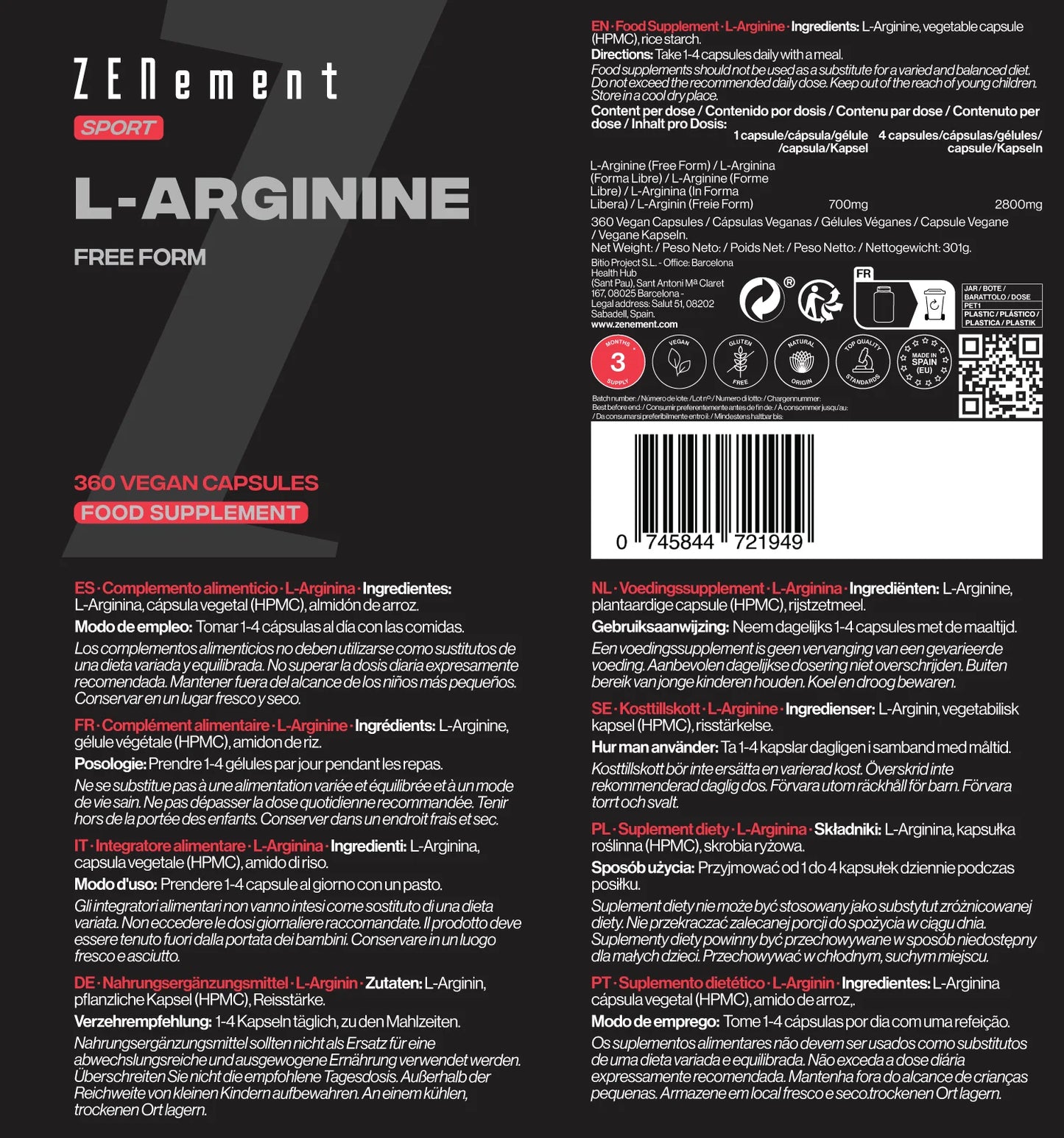 L-Arginina 700 mg por dosis - 360 Cápsulas