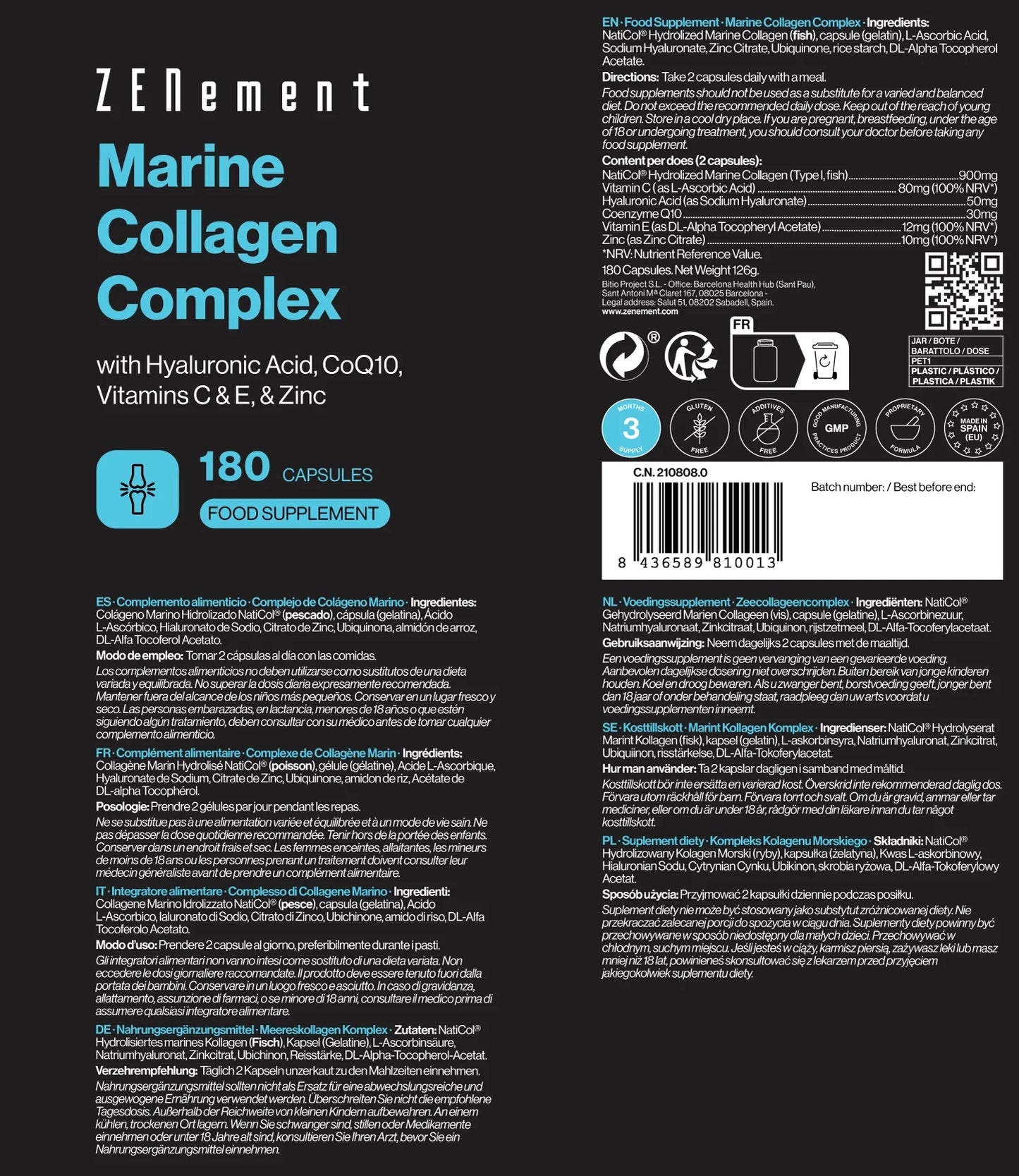 Complejo de Colágeno Marino con Ácido Hialurónico, CoQ10, Vitaminas C & E y Zinc - 180 Cápsulas