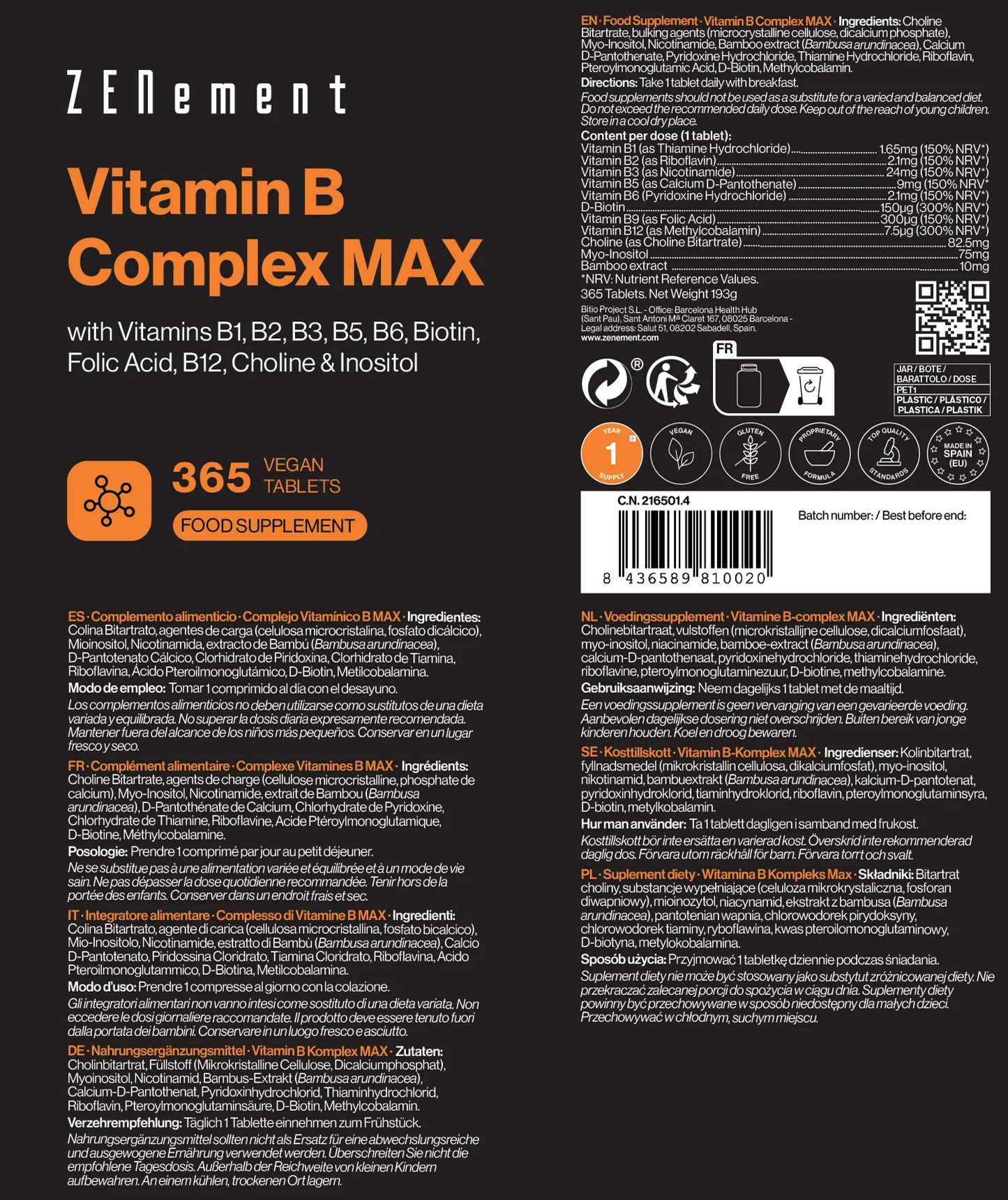 Complejo Vitamínico B MAX - 365 Comprimidos