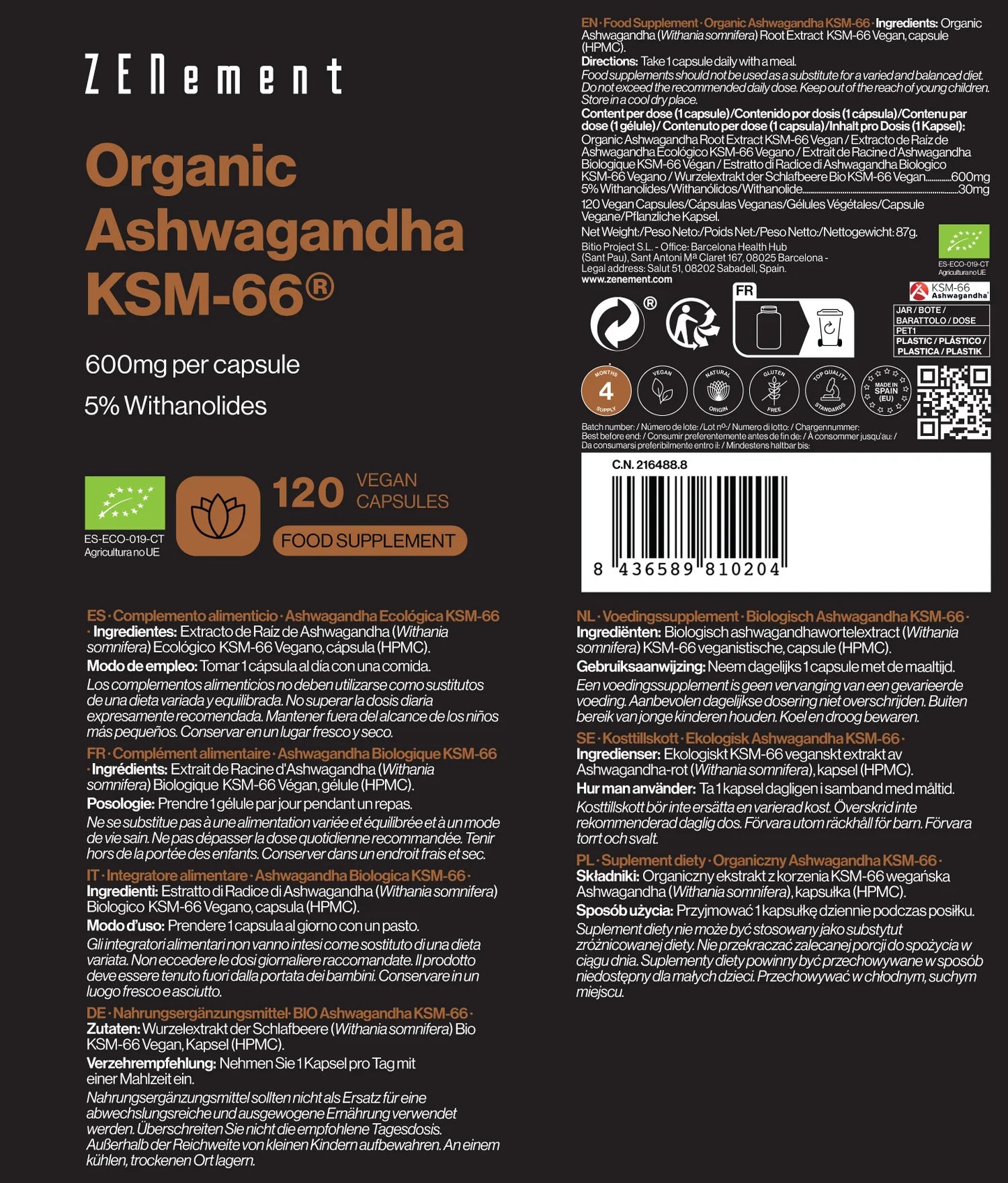 Ashwagandha Ecológica KSM-66 600 mg por cápsula - 120 Cápsulas