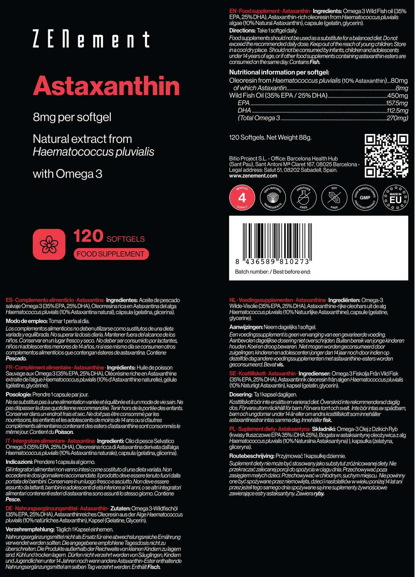 Astaxantina 8 mg por perla - 120 Softgels