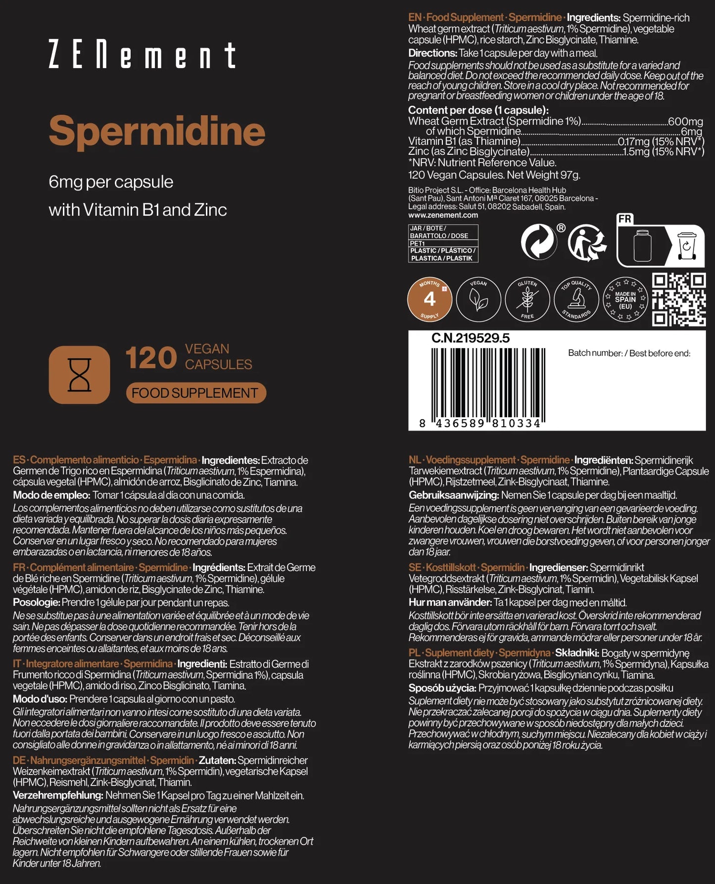 Espermidina 6 mg por cápsula - 120 Cápsulas Veganas