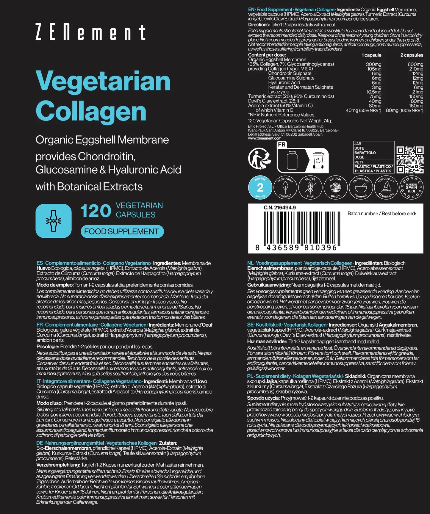 Colágeno Vegetariano Membrana de Huevo Ecológica - 120 Cápsulas