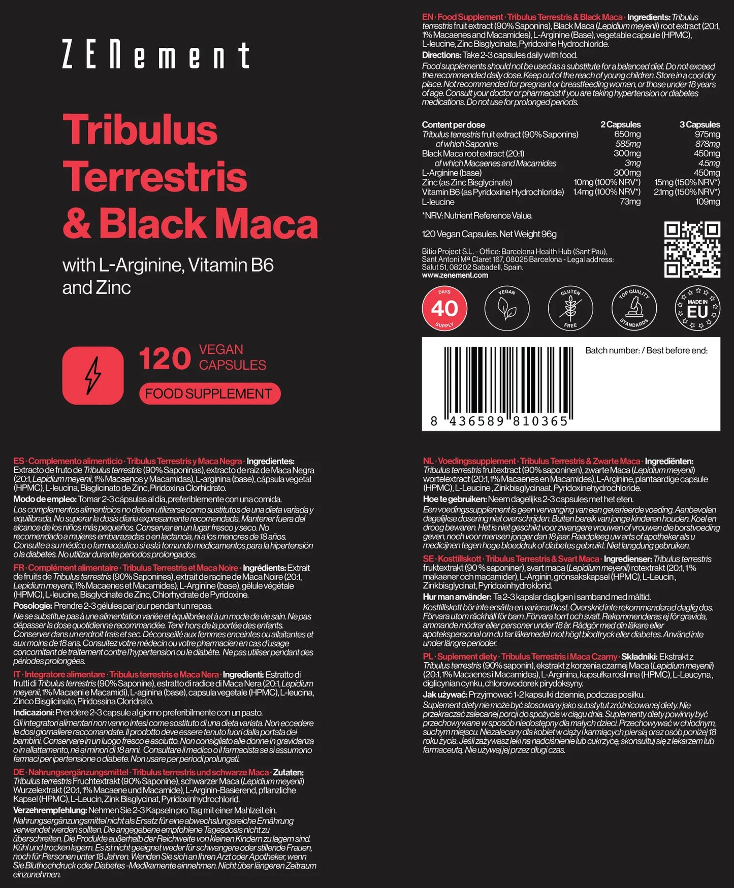 Tribulus Terrestris y Maca Negra con L-Arginina, Vitamina B6 y Zinc - 120 Cápsulas