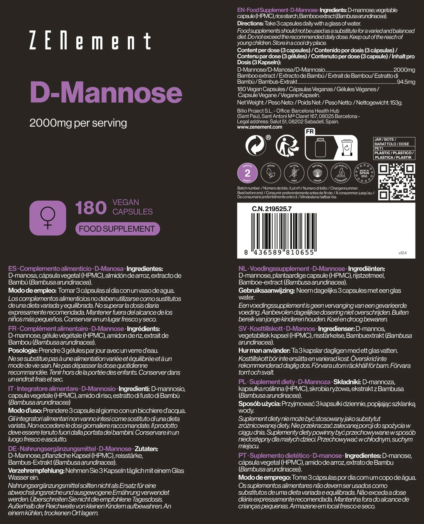 D-Manosa 2000 mg por dosis - 180 Cápsulas Veganas