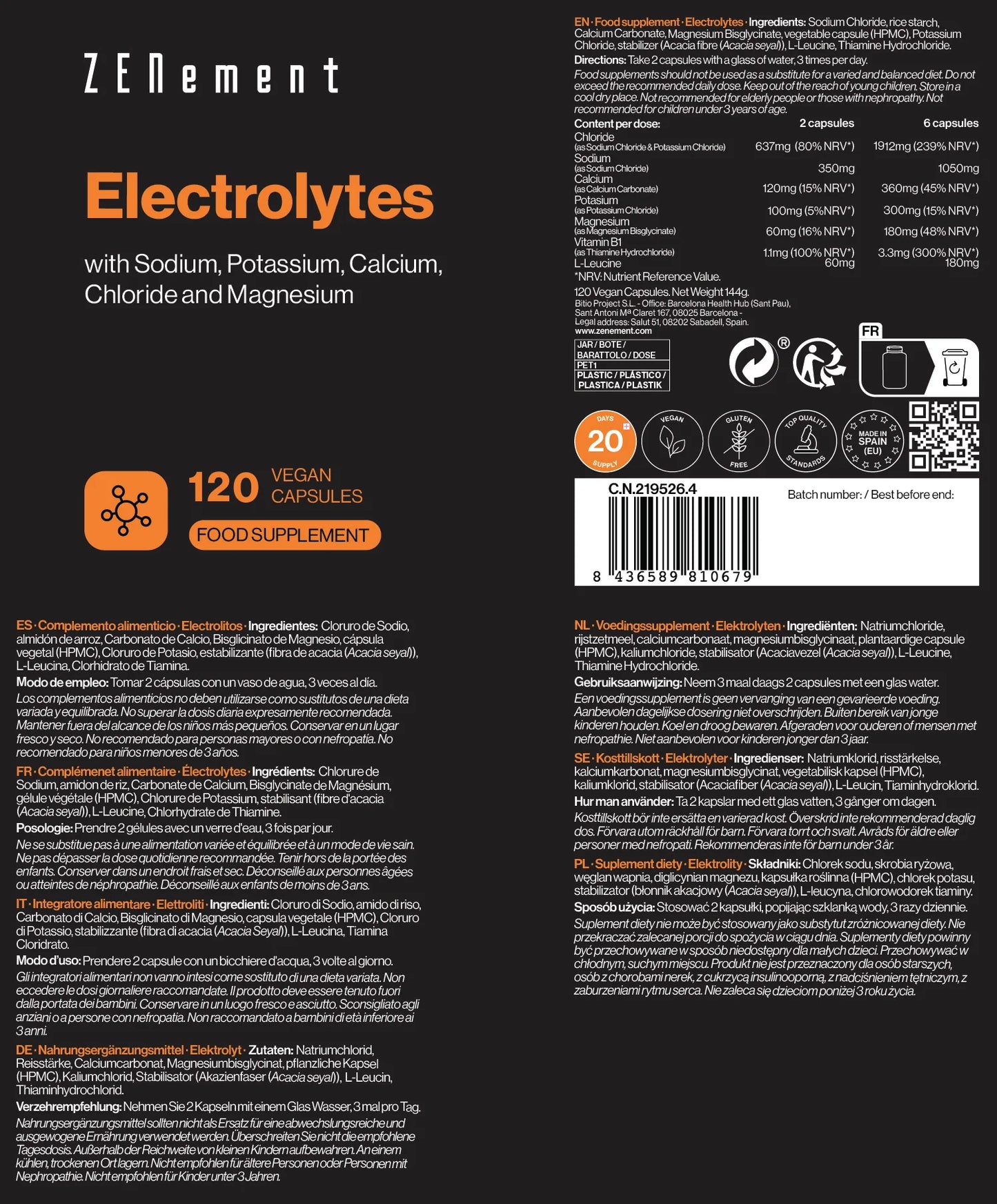 Electrolitos con Sodio, Potasio, Calcio, Cloruro y Magnesio - 120 Cápsulas
