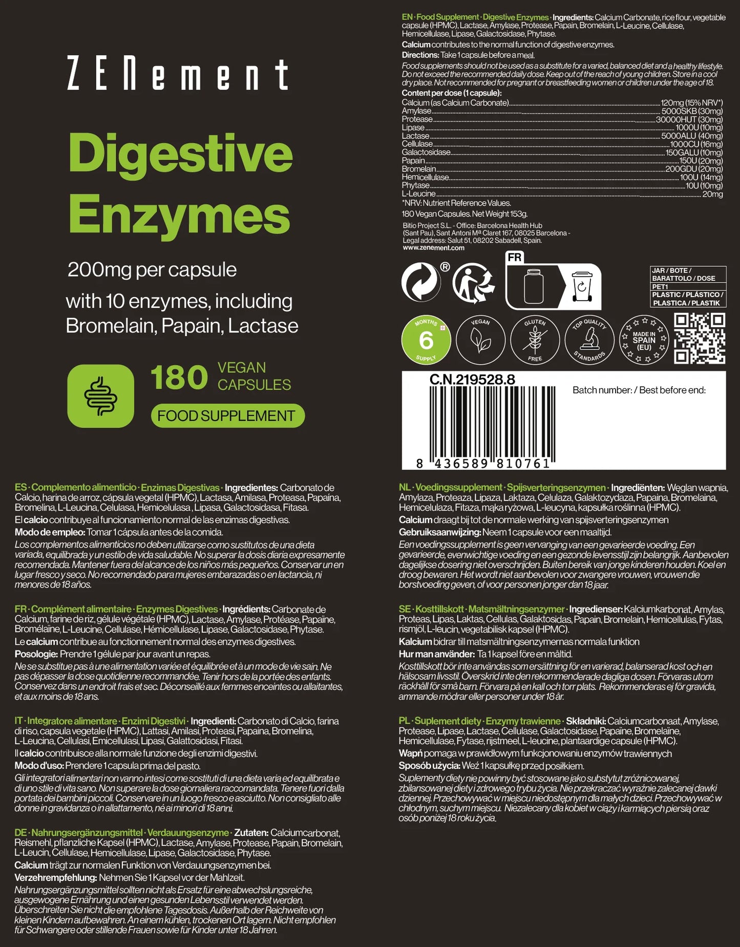 Enzimas Digestivas 200 mg por cápsula - 180 Cápsulas Veganas