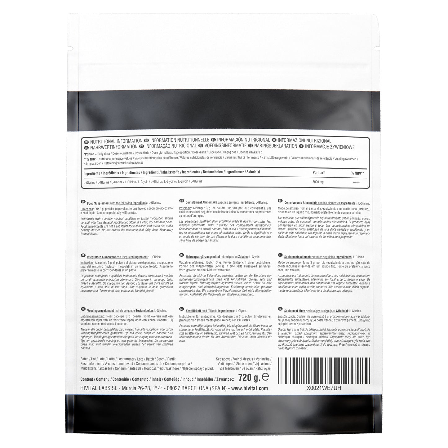 L-Glicina 3000 mg - 720 gr