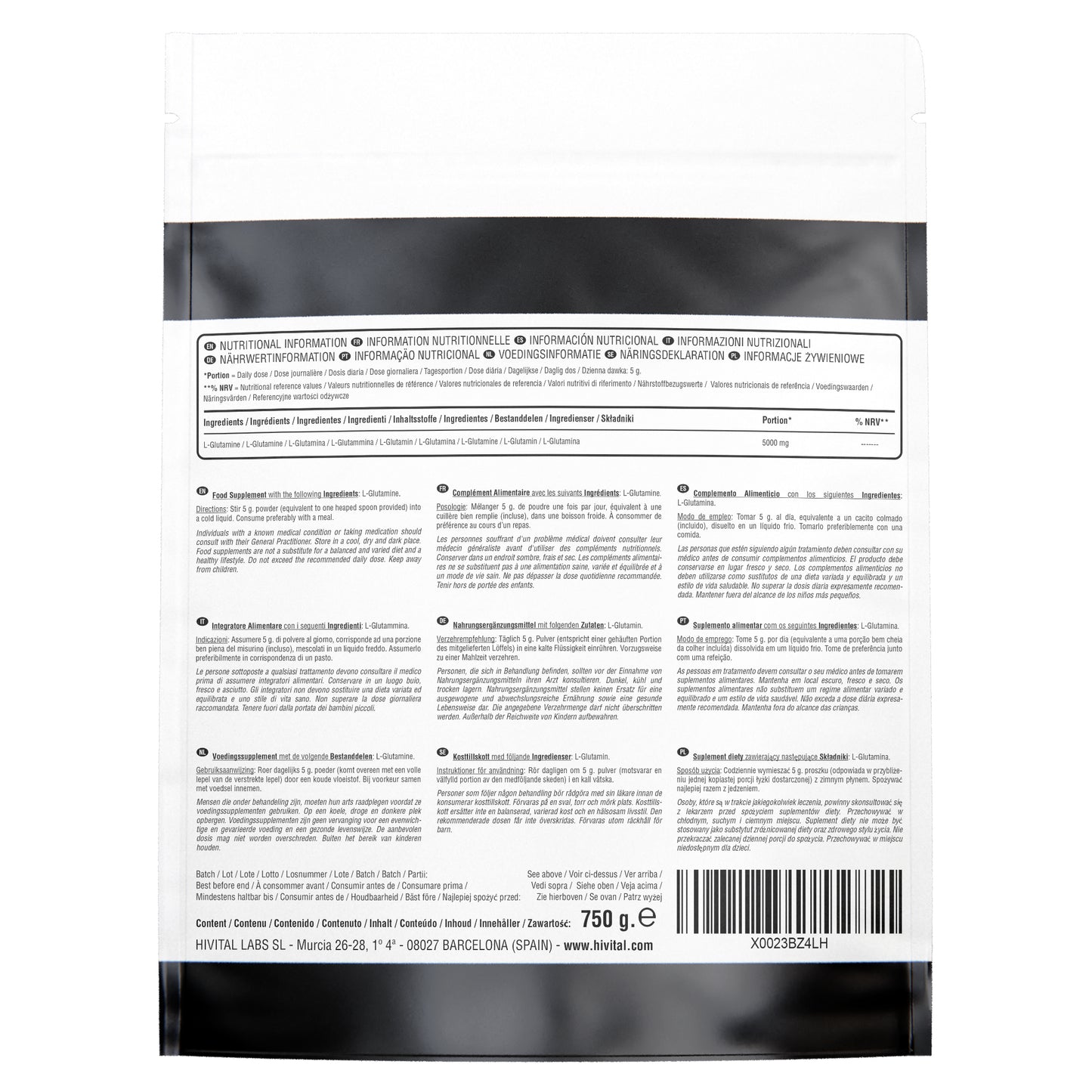 L-Glutamina 5000 mg - 750 gr