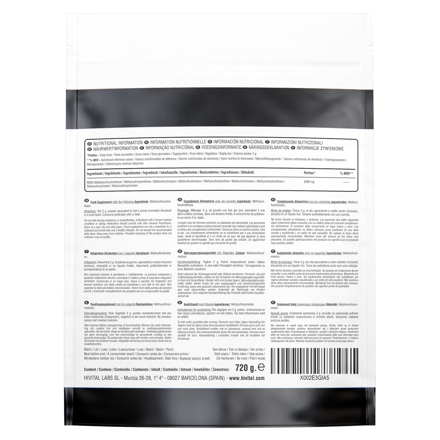 MSM 2000 mg - 720 gramos de polvo vegano
