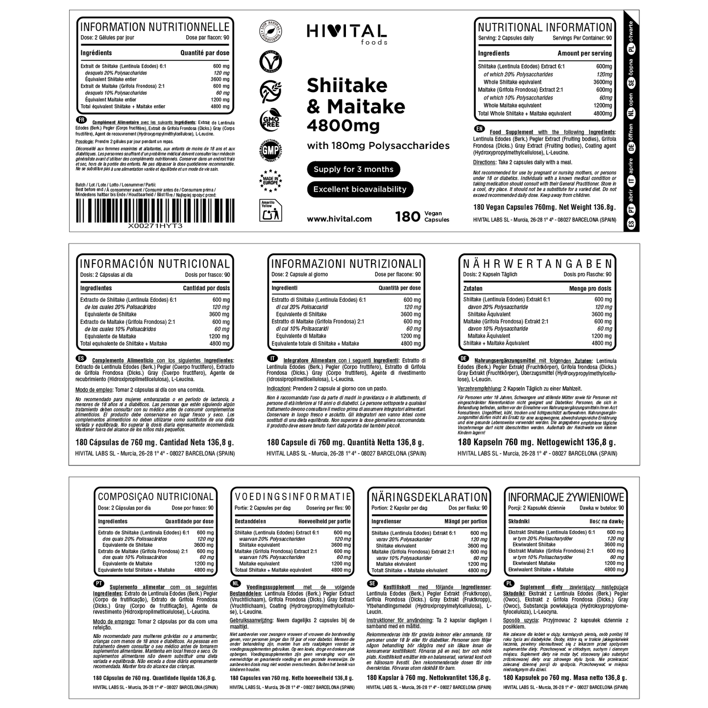 Shiitake y Maitake 4800 mg - 180 cápsulas veganas