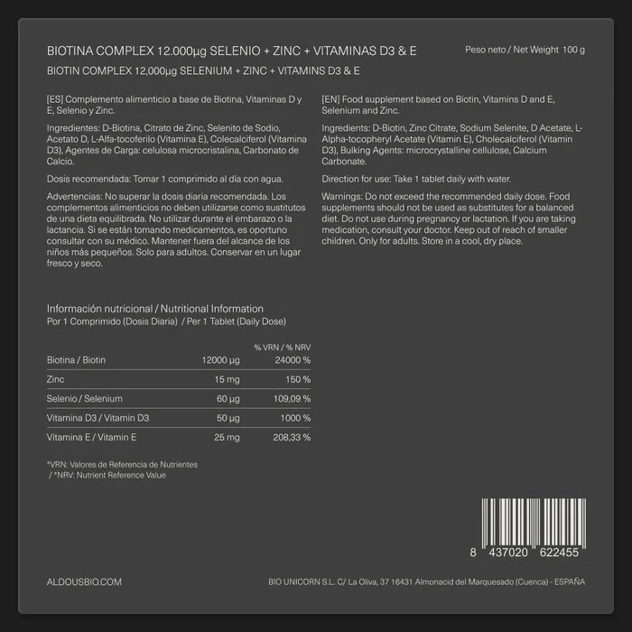 Biotina con Zinc, Selenio, Vitamina D3 y Vitamina E - 400 comprimidos