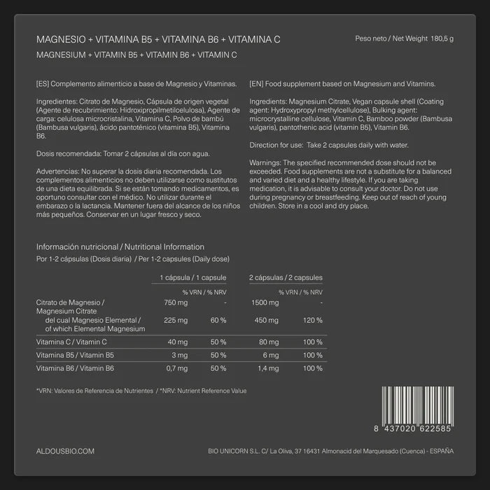 Citrato de magnesio 1500mg + vitamina C, B6, B5 - 200 cáps