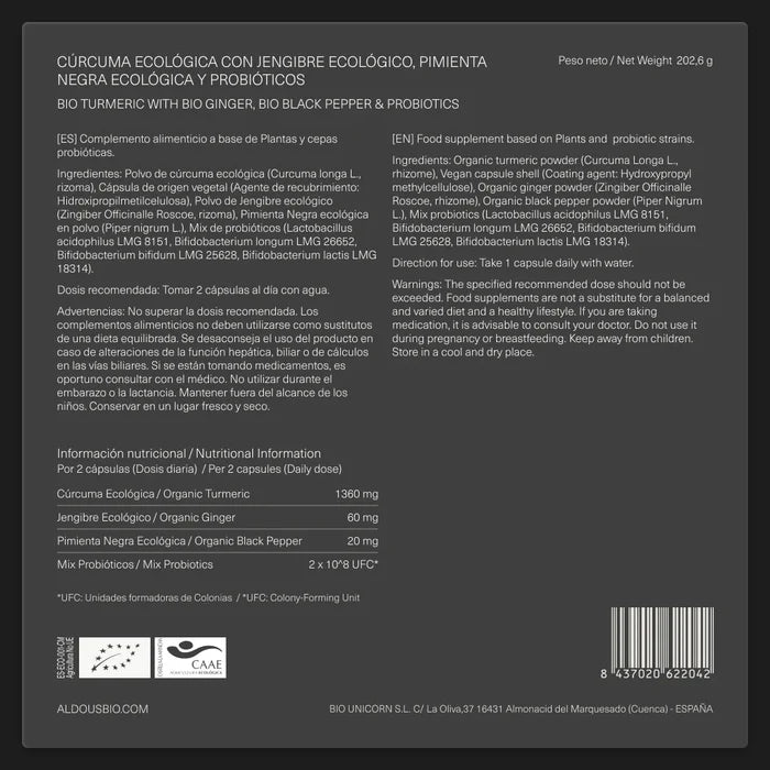 Cúrcuma con probióticos, jengibre y pimienta negra - 250 caps