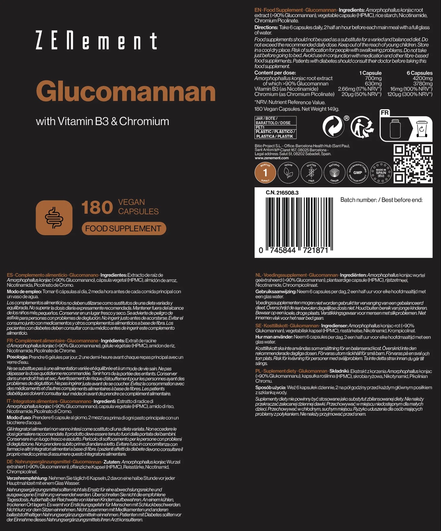 Glucomanano + Vitamina B3 y Cromo - 180 Cápsulas