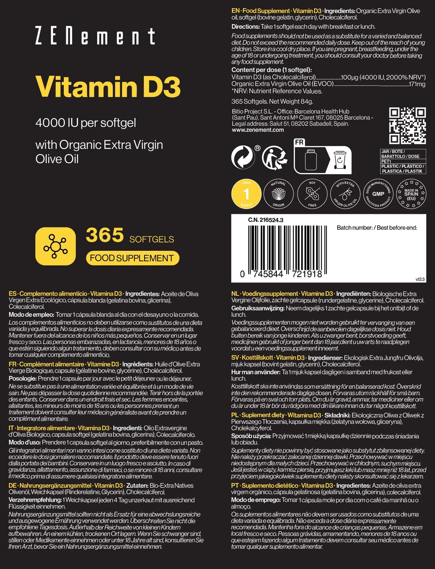 Vitamina D3 4000 UI por softgel - 365 Softgels