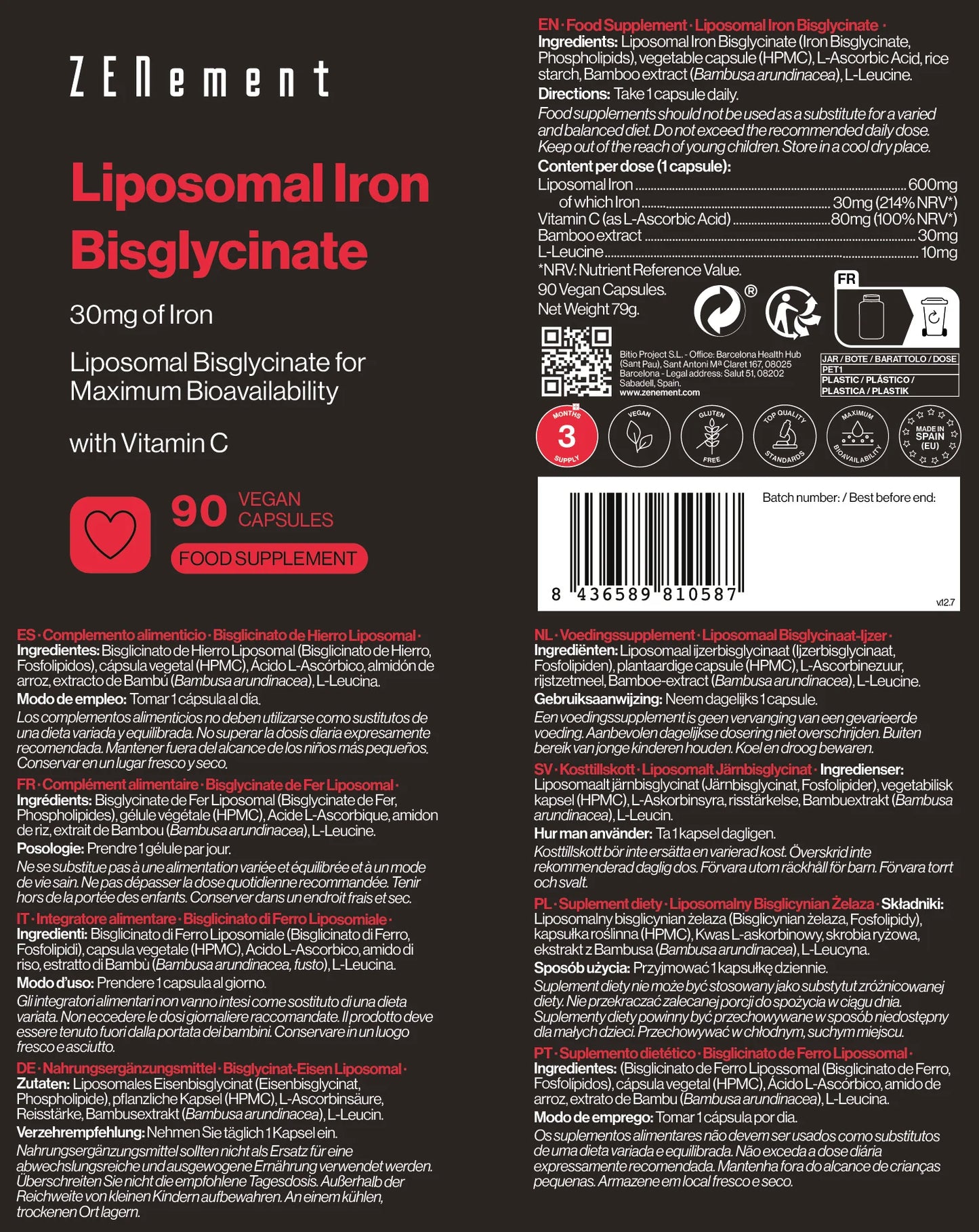 Bisglicinato de Hierro Liposomal con Vitamina C - 90 Cápsulas Veganas