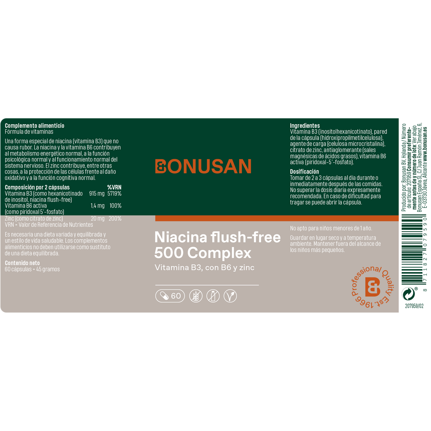 Niacina Flush-Free 500 Mg - 60 cáps vegetales Bonusan