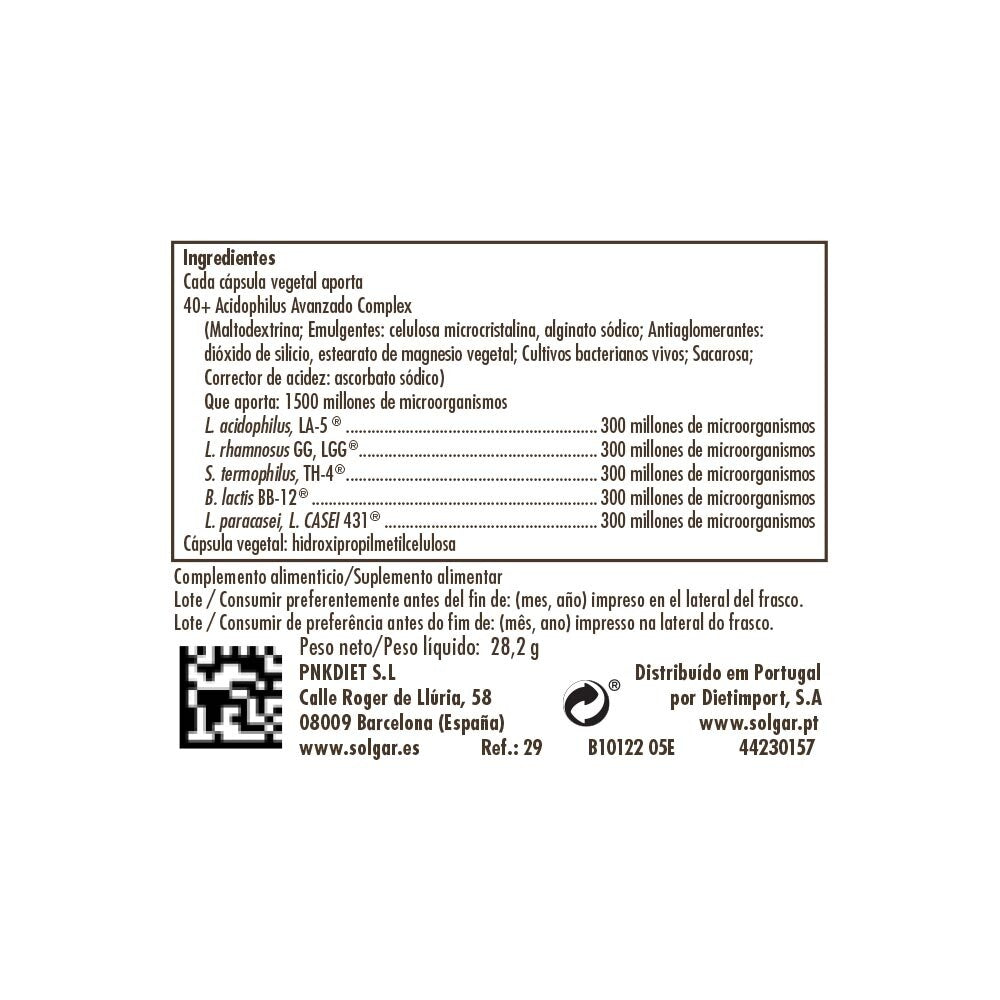 40+ Acidophilus Avanzado - 120 Cápsulas Vegetales Solgar