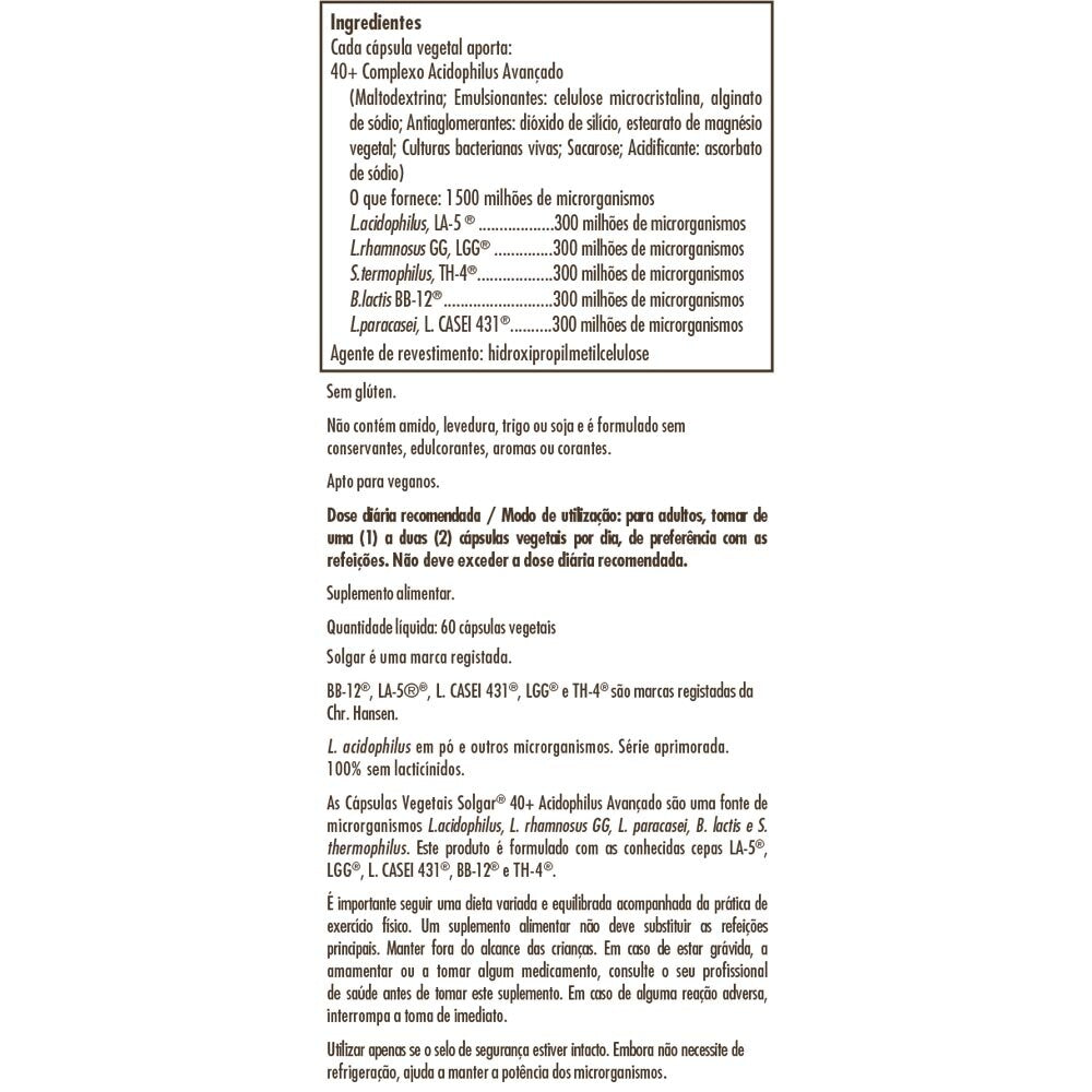 40+ Acidophilus Avanzado - 120 Cápsulas Vegetales Solgar