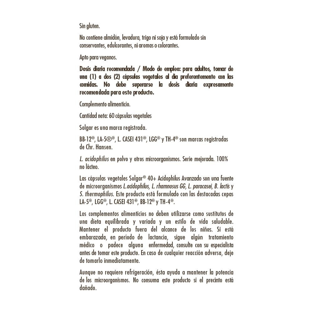 40+ Acidophilus Avanzado - 120 Cápsulas Vegetales Solgar