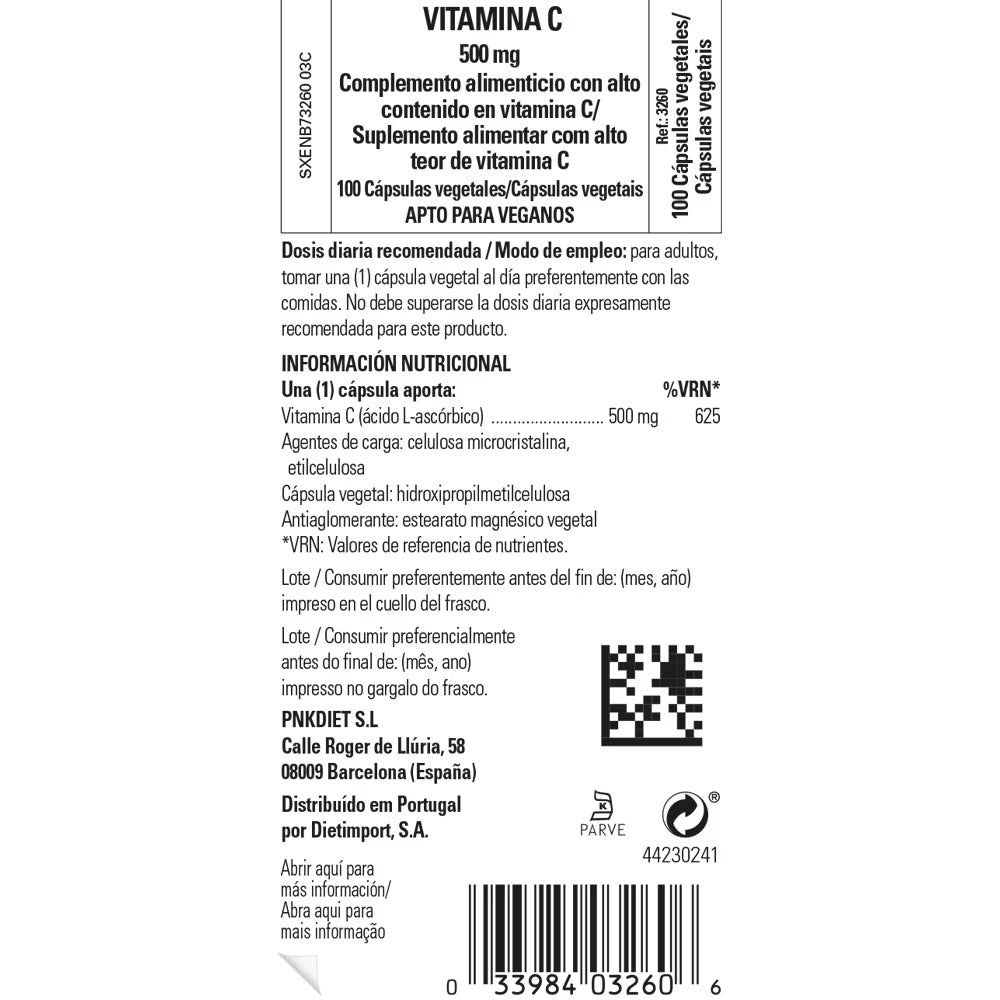 Vitamina C 500 mg - 100 cápsulas vegetales
