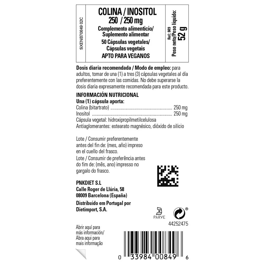 Colina Inositol 250 mg - 50 caps vegetales