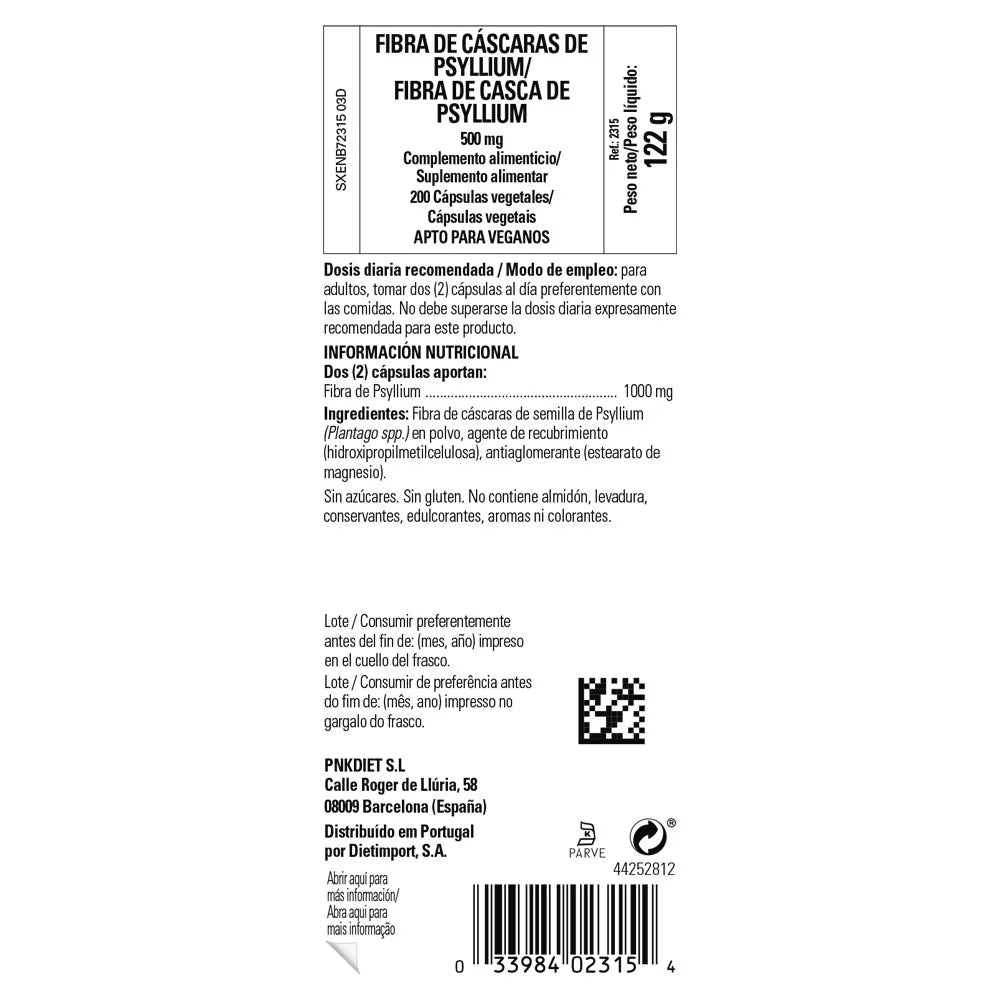 Fibra de cáscaras de psyllium 500 mg - 200 cápsulas vegetales