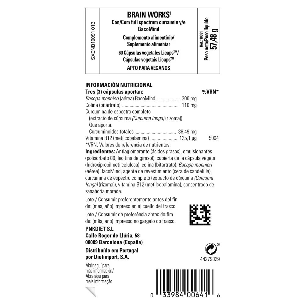 Brain Works con Full Spectrum Cúrcuma y BacoMind - 60 comp