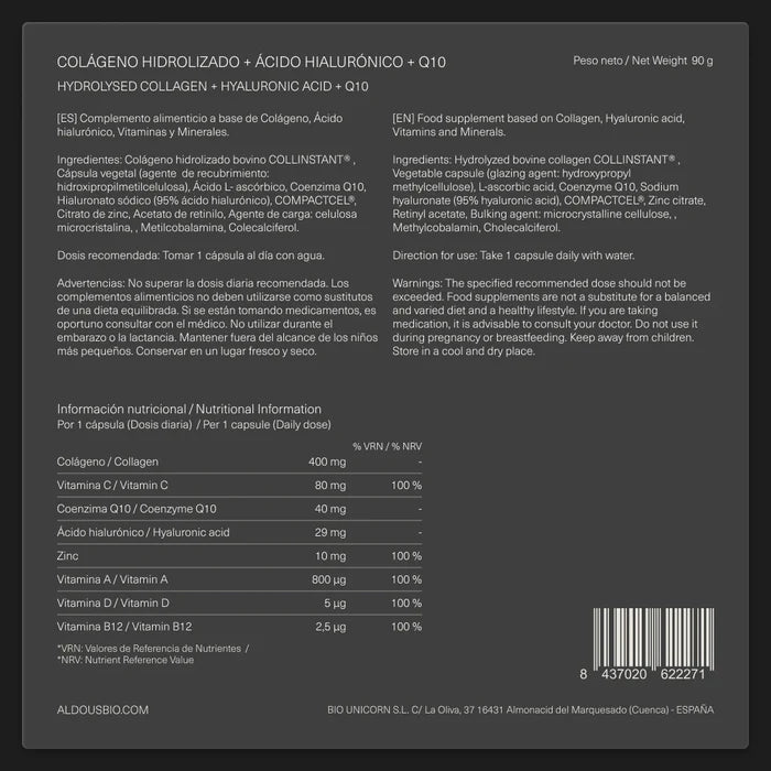 Colágeno con ácido hialurónico, Q10, vitaminas y zinc - 120 comp