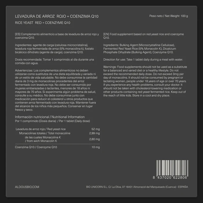 Levadura De Arroz Rojo Con Coenzima Q10 Aldous - 400 Comprimidos