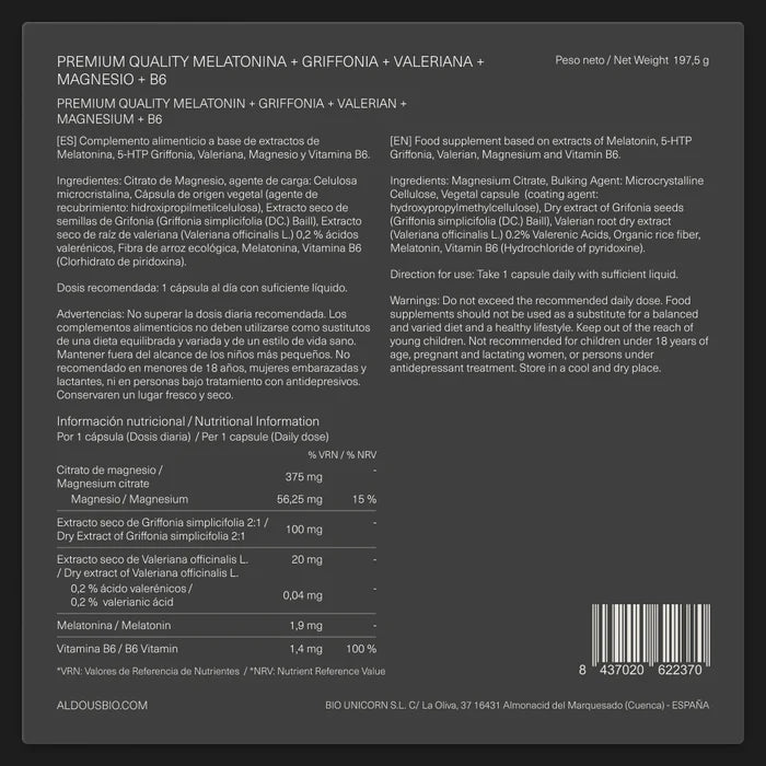 Melatonina con Magnesio, Griffonia, Valeriana y Vitamina B6 - 250 cáps