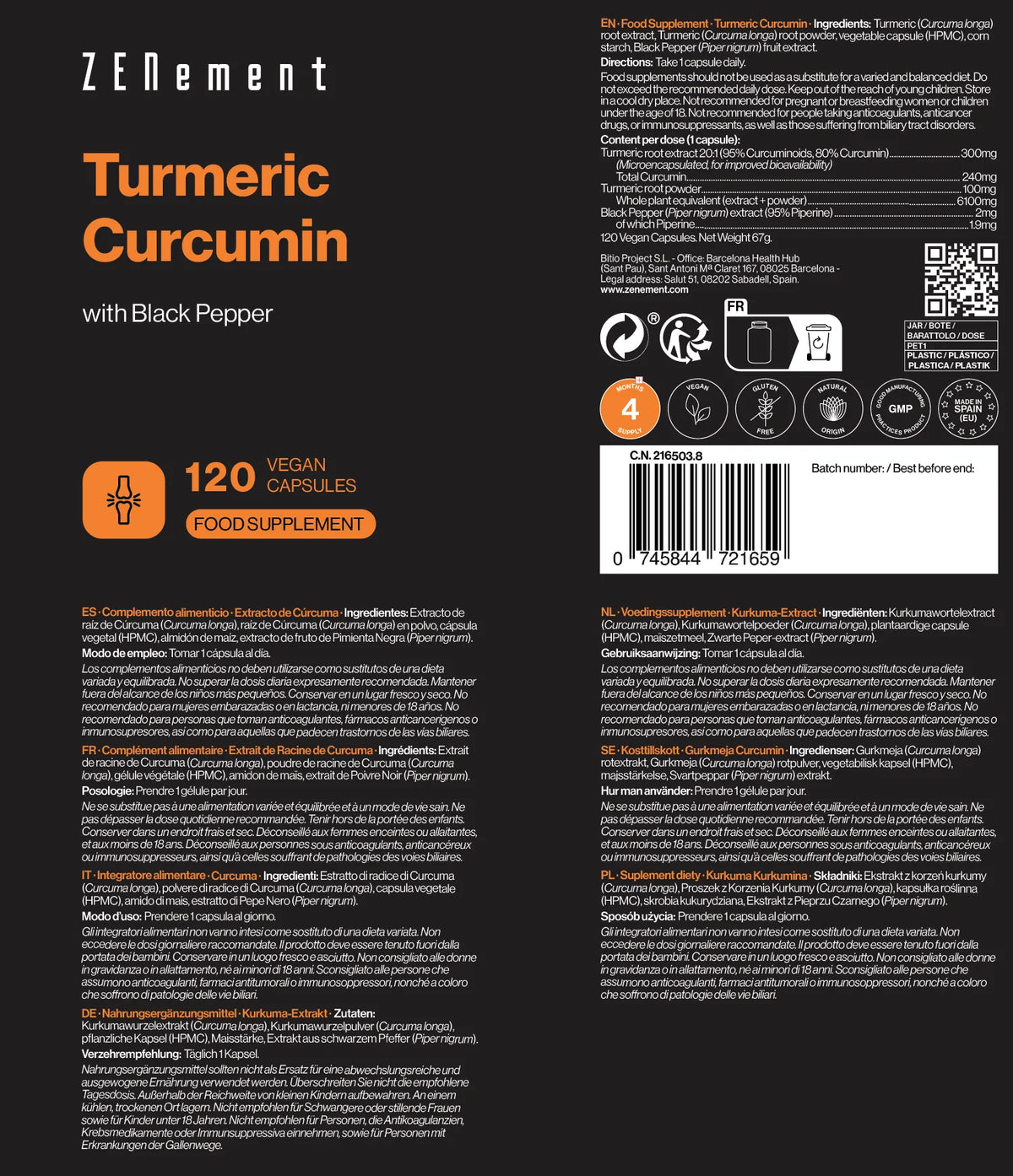 Extracto de Cúrcuma con Pimienta Negra - 120 cápsulas Zenement