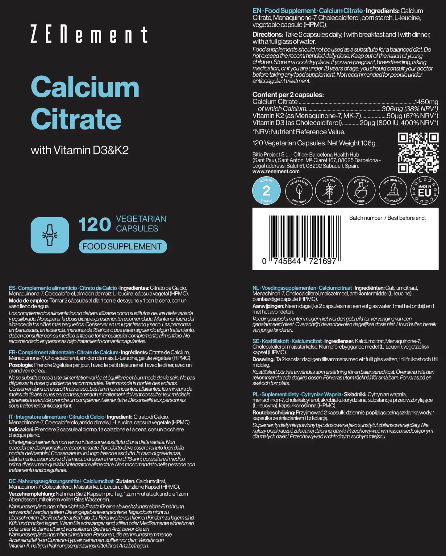 Citrato de Calcio con Vitamina D3 y K2 - 120 Cápsulas Vegetarianas