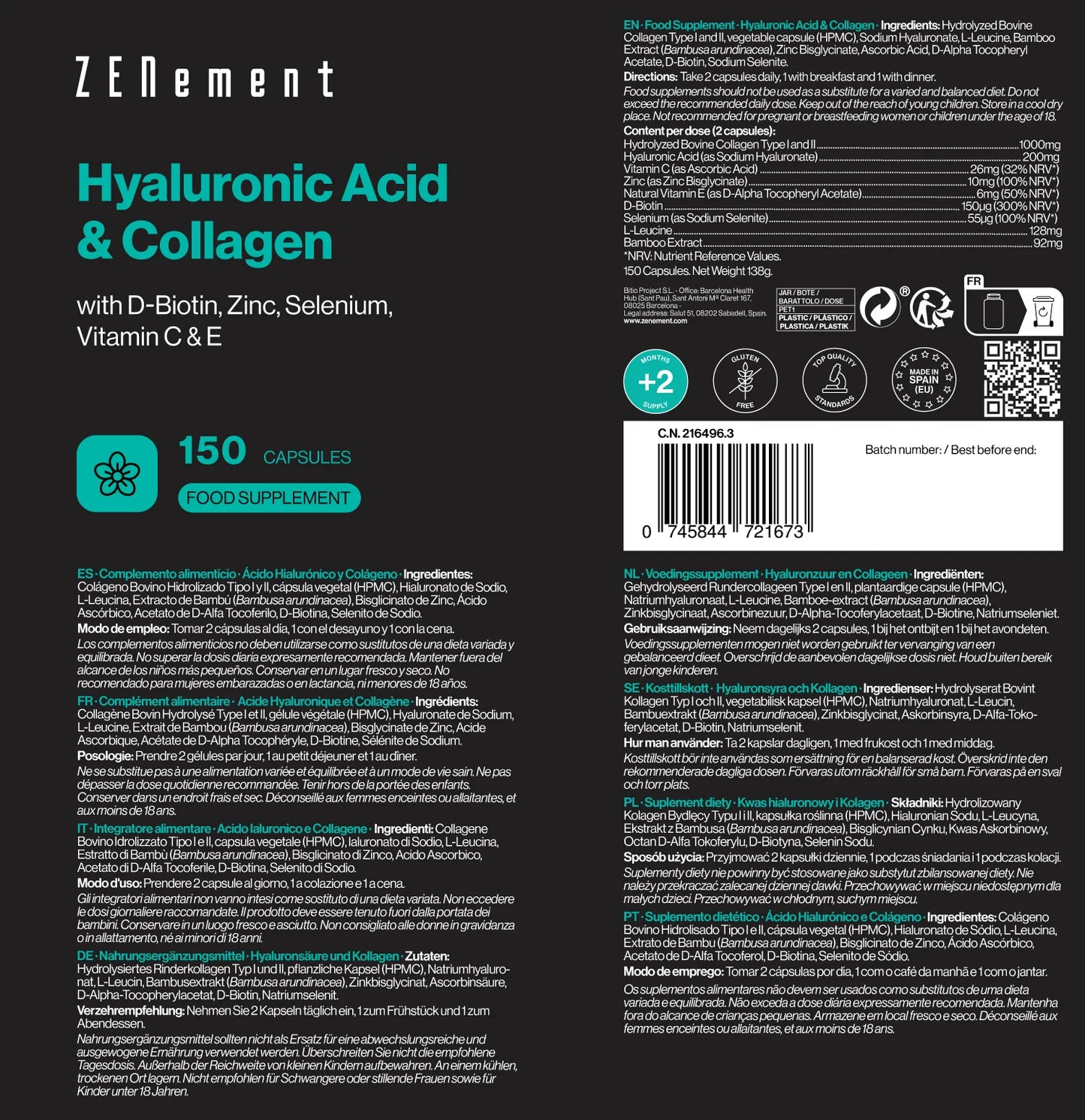 Ácido Hialurónico y Colágeno con Biotina, Zinc, Selenio, Vitamina C y E - 150 Cápsulas