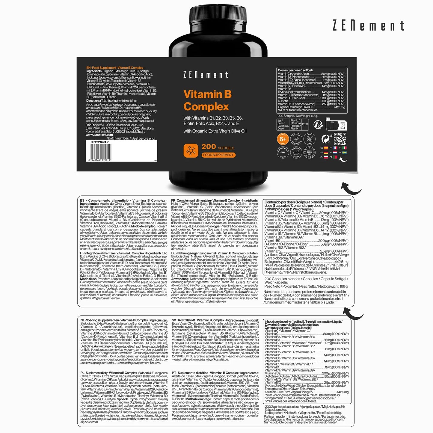 Complejo de Vitamina B - 8 Vitaminas B, C, E - 200 cápsulas Zenement