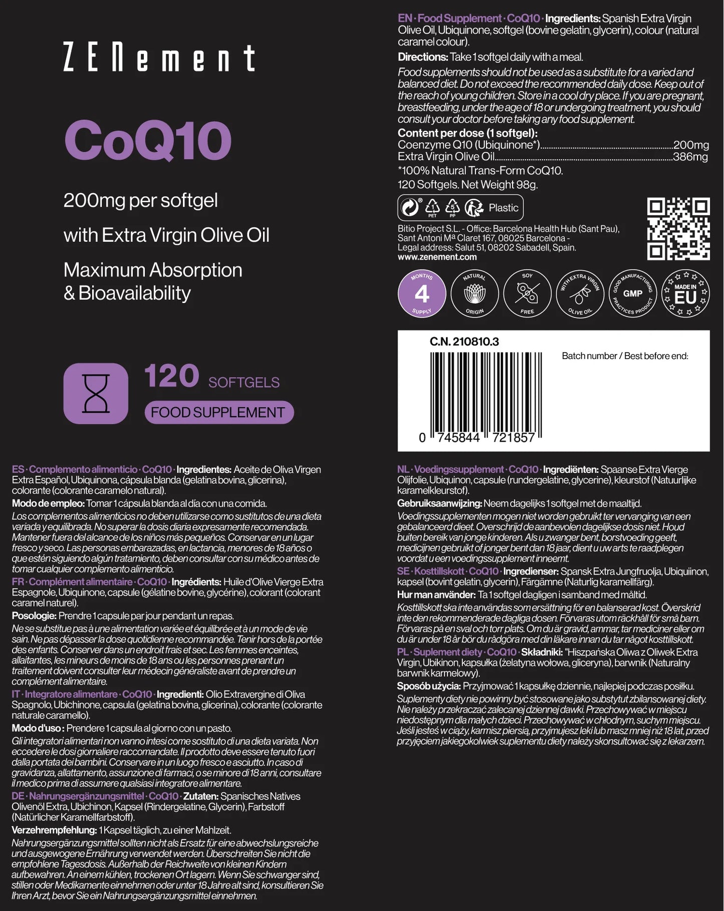 CoQ10 200 mg por perla - 120 Softgels