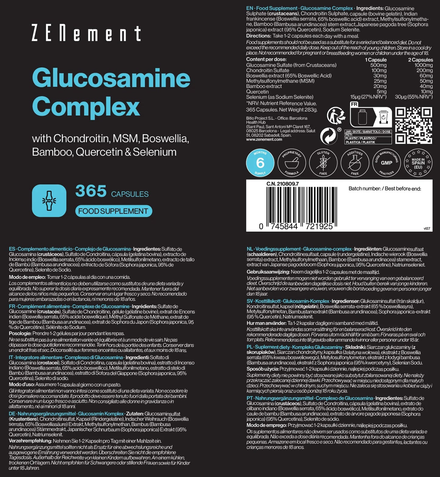 Complejo de Glucosamina con Condroitina, MSM, Boswellia, Bambú, Quercetina y Selenio. - 365 Cápsulas