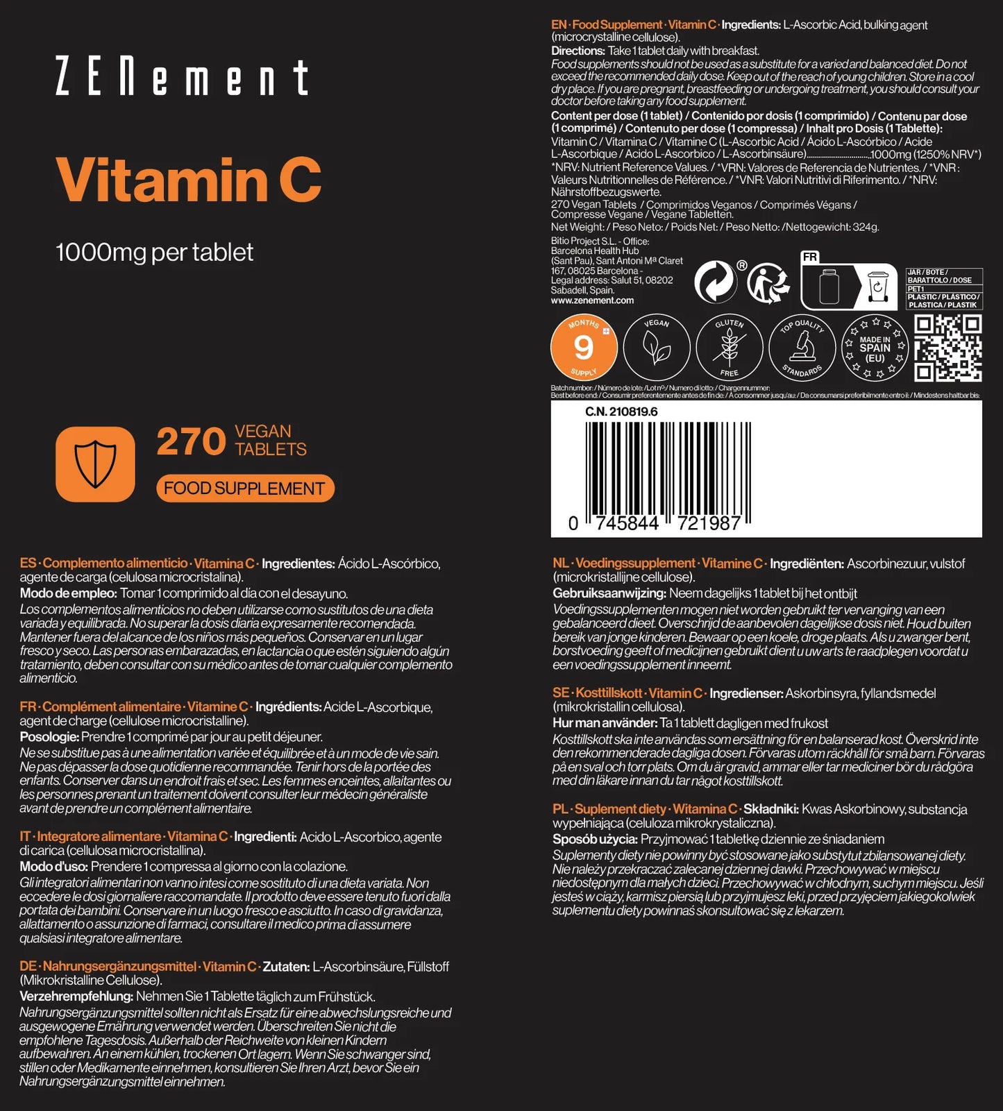 Vitamina C 1000 mg por comprimido - 270 Comprimidos