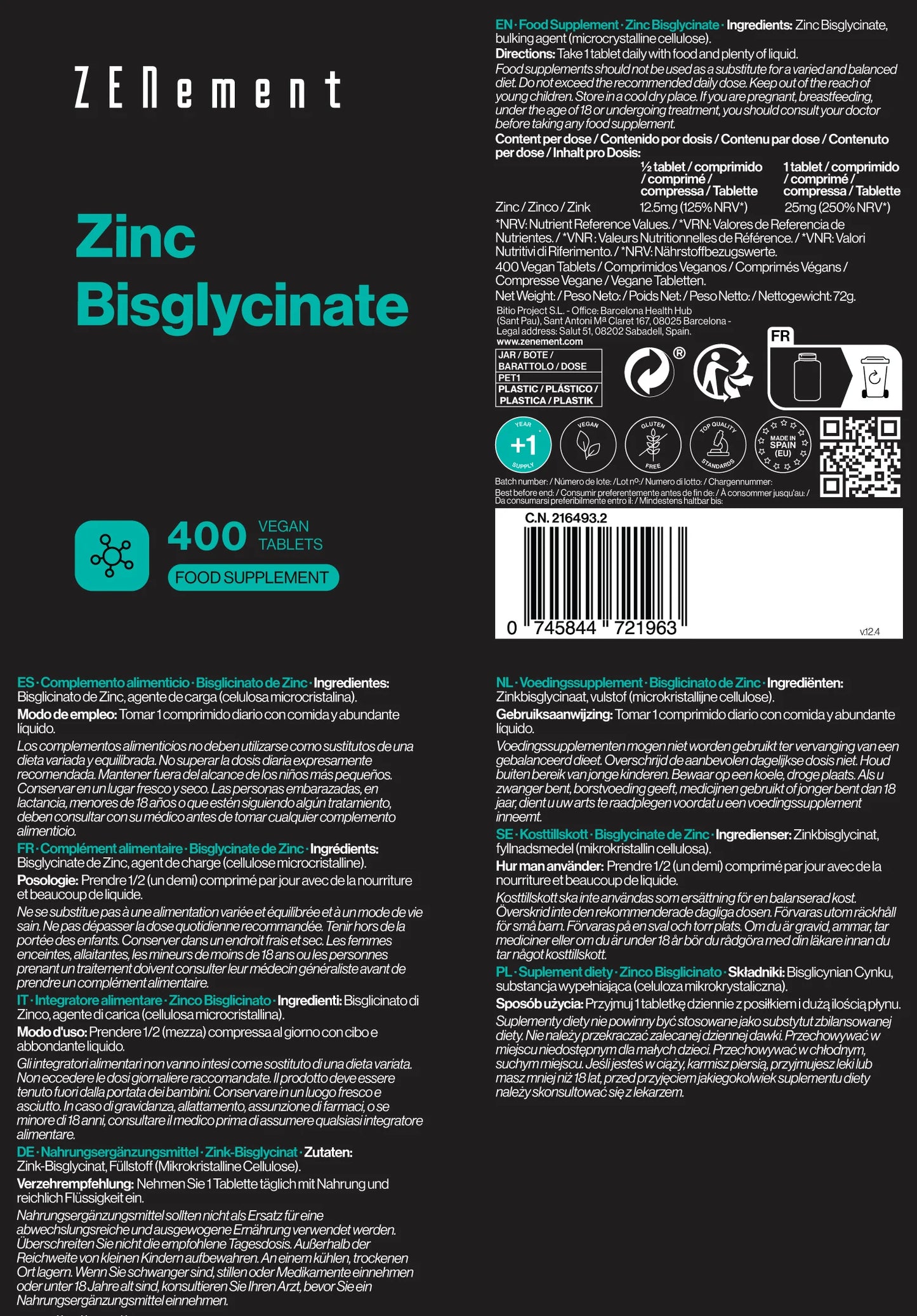 Bisglicinato de Zinc 25 mg  - 400 Comprimidos