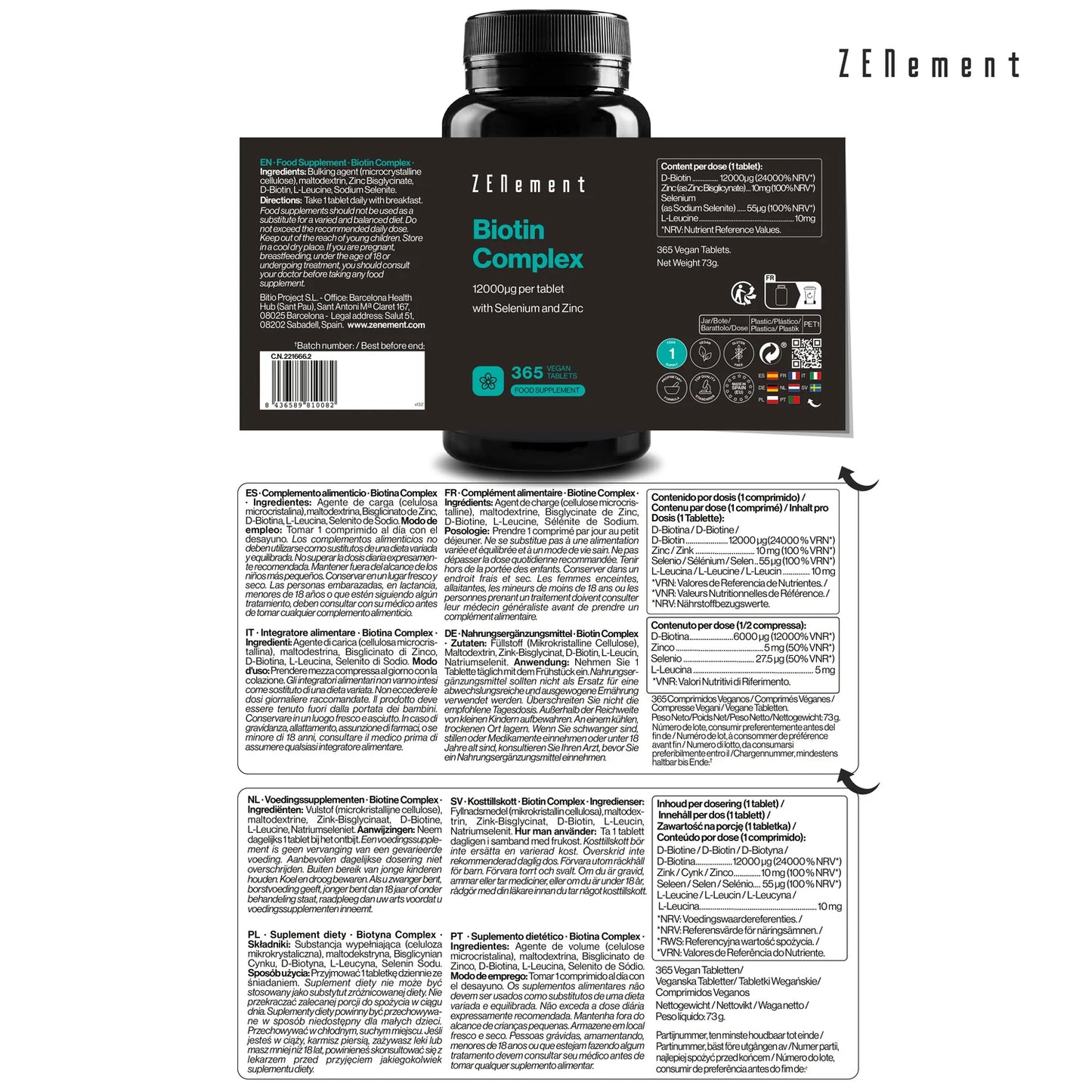 Biotina Complex con Selenio y Zinc - 365 comprimidos Zenement