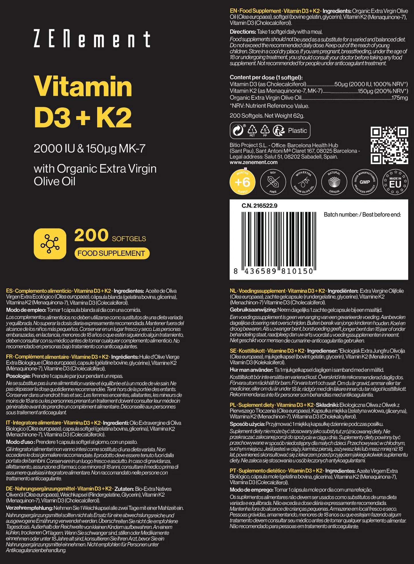 Vitamina D3 + K2 (2000 UI) & MK-7 (150 μg) - 200 Softgels