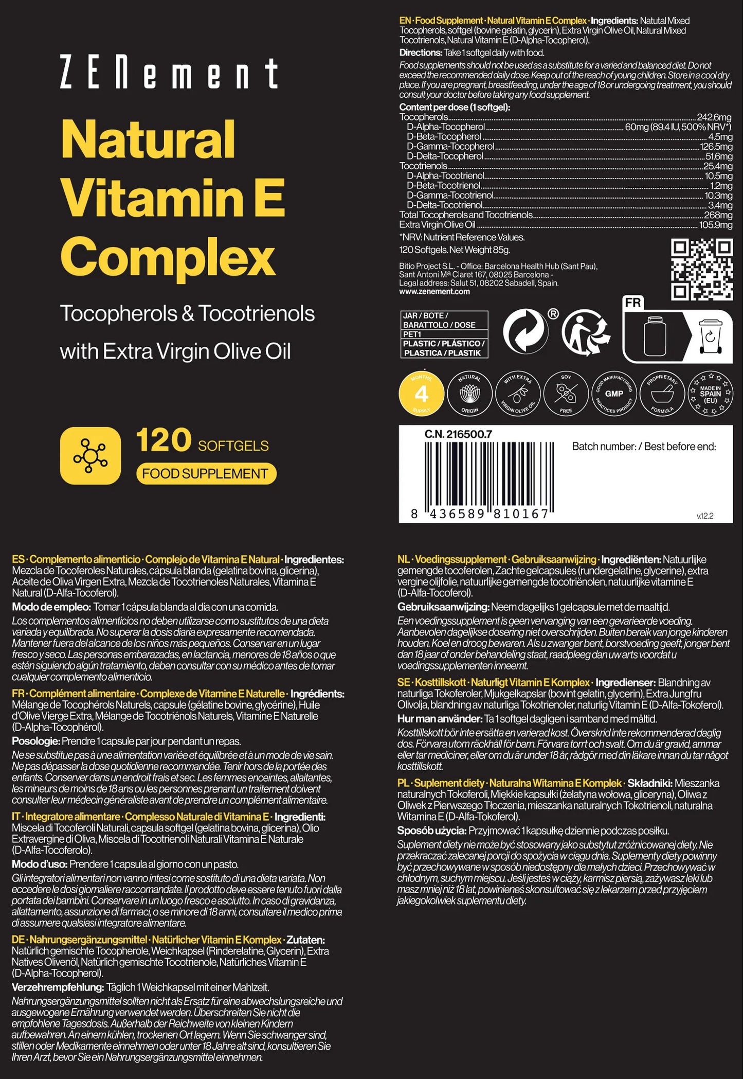 Complejo de Vitamina E Natural Espectro completo α, ß, γ, δ - 120 Softgels